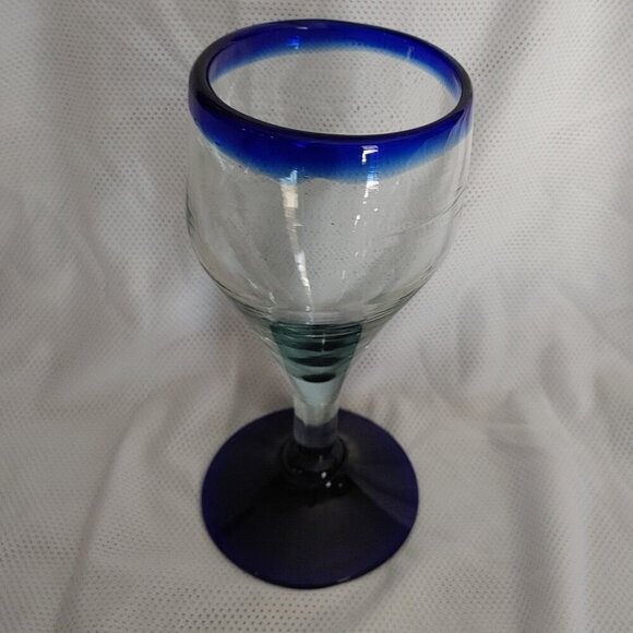 Hand Blown Wine Glass - Cobalt Blue Rim & Base - Picture 2 of 8